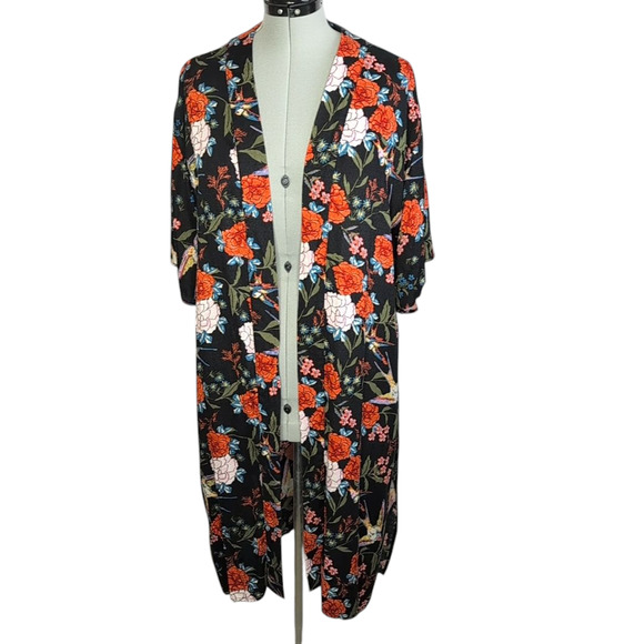Gibson Latimer Black Floral Bird Print Kimono Duster Cardigan Cover Up Womens XL - Picture 1 of 8